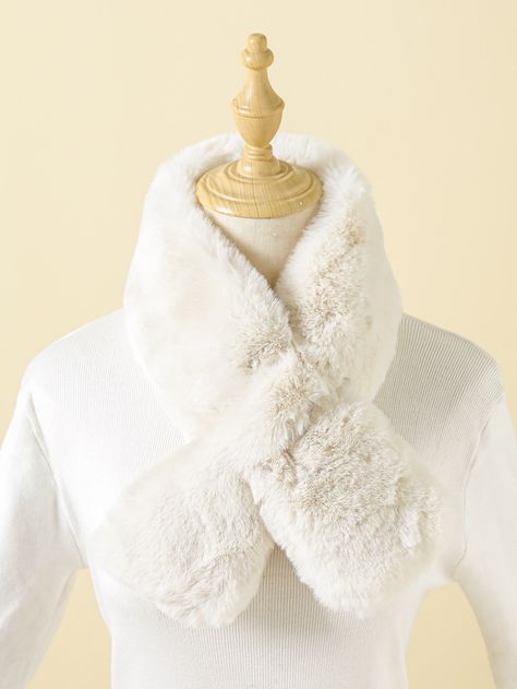 White Casual Collar  Fabric Plain Plush Scarf Embellished   Women Accessories Fuzzy Scarf, White Casual, Winter Scarf, New Arrivals, High Neck Dress, Women Accessories, Collar, Fabric, White