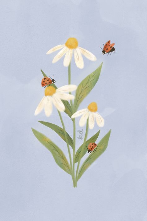 Bee In Flower Drawing, Ladybird Doodle, Flower Watercolor Illustration, Cute Spring Illustration, Ladybugs Drawing, Ladybird Illustration, Daisies Illustration, Daisy Artwork, Ladybug On Flower