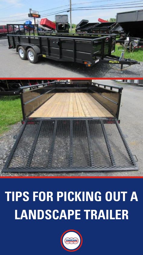 two landscape trailers. Tips for picking out a landscape trailer. Landscaping Trailer Setup, Landscape Trailer Ideas, Landscaping Trailer, Trailer Workshop, Landscape Trailers, Mobile Workshop, Equipment Storage, Cargo Trailers, Utility Trailer