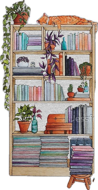 Bookshelf Illustration Art, Bookshelf Painting Ideas Canvas, Watercolor Bookshelf, Painting Bookshelf, Bookshelf Artwork, Book Shelf Art, Bookshelf Painting, Bookshelf Illustration, No Shelf Control