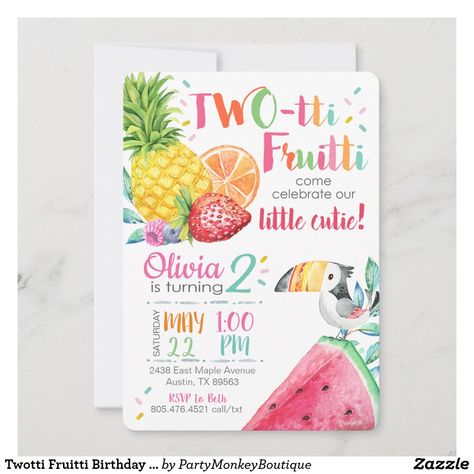 Twotti Fruitti Birthday Invitation Twotti Fruitti Party, Twotti Fruitti, Tutti Frutti Birthday Party, Summer Birthday Invitations, Fiesta Tropical, 2nd Birthday Invitations, Invitation Party, Summer Birthday, Colored Envelopes