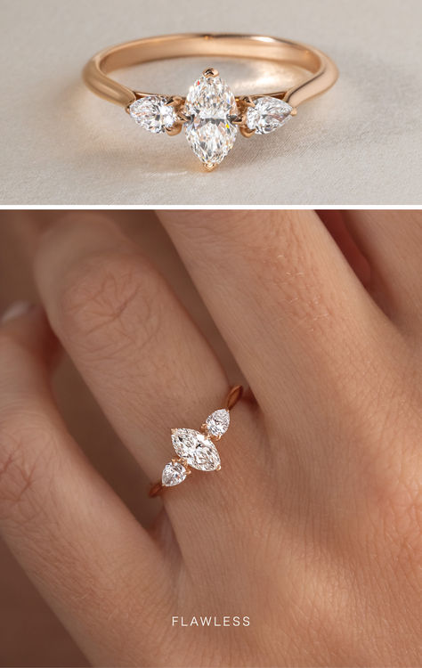 Try something new! 
While not the most commonly featured diamond cut, the marquise has a unique beauty in its elongated shape. Framed by two smaller pear-cut diamonds this ring is full of charm and sparkle ✨

Featured:
The Amaya Setting
0.80ct Marquise Cut Diamond
18k Recycled Rose Gold

#engagementring #marquise #marquisediamond #pearcutdiamond #ring #trilogy #trilogyring #trilogyengagementring #ringideas #uniquerings #uniqueringideas #rosegold #diamondring #diamondengagementring #pearring Trilogy Engagement Ring, Trilogy Ring, Pear Ring, Pear Cut Diamond, Marquise Cut Diamond, Unique Beauty, Marquise Diamond, Pear Diamond, Marquise Cut