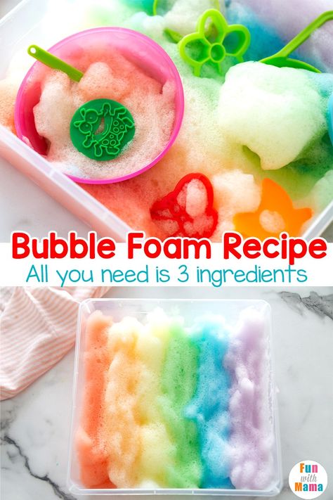 Get ready to fall in love with the ease of this Rainbow Bubble Foam recipe. It only takes three simple ingredients to make it! Weather Theme Sensory Bin, Rainbow Foam Sensory Play, Colour Stem Activities, Rainbow Preschool Sensory Bin, Sensory Rainbow Activities, Bubble Fun Activities, Bubble Preschool Theme, Bubble Sensory Bin, Rainbow Theme Toddler Activities