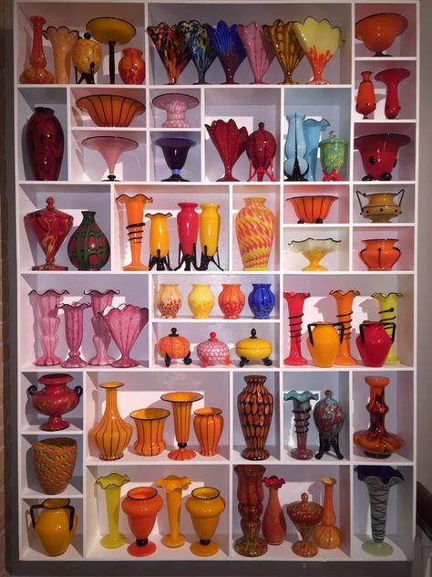 Bohemian/Czech art glass collection | Collectors Weekly Art Glass Display Ideas, Glass Collection Display, Colored Glass Vase, Colored Glass Bottles, Colored Glass Vases, Staten Island New York, Blenko Glass, Czech Art, Miniature Vase