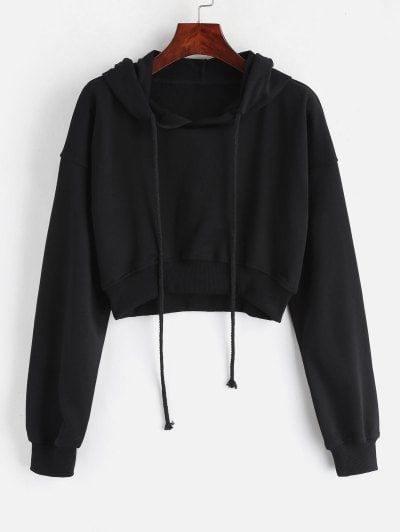 Loopback Cropped Pullover Hoodie - Black M Hoddies Outfits, Black Crop Hoodie, Pocket Letter, Embroidery Hoodie, Cropped Pullover, Crop Top Hoodie, Color Block Sweatshirt, Letter Embroidery, Crop Hoodie