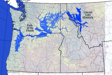 Area altered by Glacial Lake Missoula floods.  http://serc.carleton.edu/details/images/31066.html fyi http://en.wikipedia.org/wiki/Missoula_Floods Lewis And Clark Expedition, Alien Landscape, Alternative History, Ice Dams, Washington State Travel, Prehistoric World, Largest Waterfall, History People, Plate Tectonics