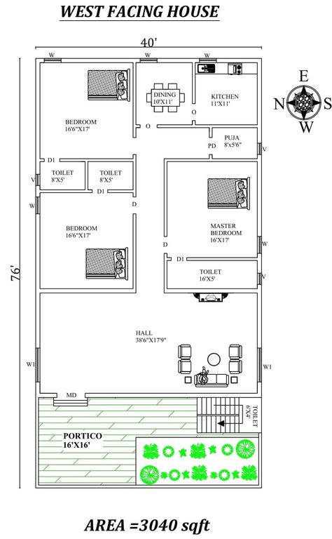 Wonderful 36 West Facing House Plans As Per Vastu Shastra 56B West Facing House Plan, Perfect House Plan, Cottage House Designs, West Facing House, Modern Bungalow House Design, Vastu House, Three Bedroom House Plan, Duplex Plans, Small House Elevation