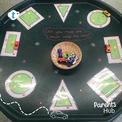 Cars Eyfs Activities, Road Safety Tuff Tray, Shape Tuff Tray Ideas, Car Tuff Tray, Shapes Tuff Tray, Shape Activities Eyfs, Maths Tuff Tray Ideas, Pencil Control, Car Activities