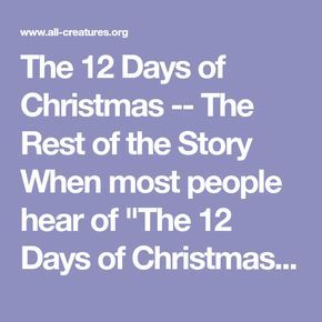 The 12 Days of Christmas -- The Rest of the Story When most people hear of "The 12 Days of Christmas", they think of the song. This song had its origins as a teaching tool to instruct young people in the meaning and content of the Christian faith. Each of the items in the song represents something of religious significance. The hidden meaning of each gift was designed to help young Christians learn their faith. The song goes, "On the first day of Christmas my true love gave to me..." The "... 12 Days Of Christmas Christian Meaning, On The First Day Of Christmas, Christian 12 Days Of Christmas, 12 Days Of Christmas Meaning, Catholic Christmas Traditions, Children's Church Songs, Devotion Ideas, Hospitality Ideas, Kids Church Lessons