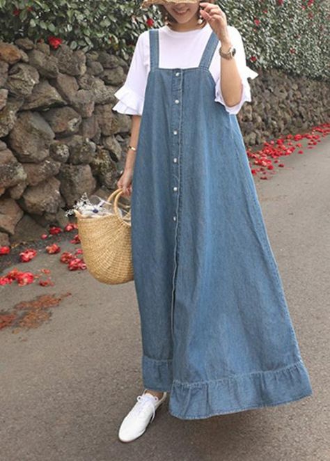 Long Denim Dress, Mode Pop, Mode Hijabi, Loose Dresses, Modest Dresses Casual, Quick Outfits, Easy Trendy Outfits, Maxi Robes, Linen Maxi Dress