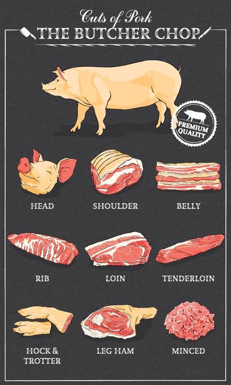 Cuts of pork diagram part of pork cut of meat set. Poster Butcher diagram vintage typographic handdrawn Vector illustration on black Pork Cuts Of Meat, Meat Cuts Poster, Pork Parts, Butcher Diagram, Meat Butcher, Butcher's Cut, Black Illustration, Meat Shop, Pork Meat