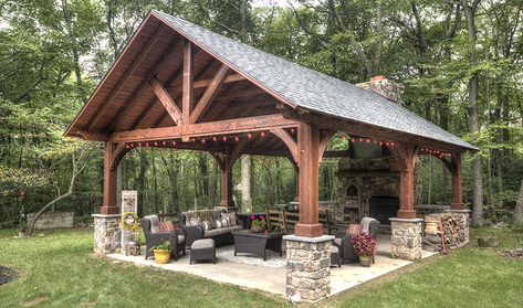 Love rustic design elements? Take a look at the Alpine pavilion that resembles a rustic ski lodge. The Alpine is also a great choice for those who appreciate clean, simple lines and open-beamed construction. https://loom.ly/waMRHo0 #CountryLaneGazebos #pavilions Fireplace Pavillion, Hide Pool Pump, Rustic Pavilion, Rustic Ski Lodge, Outdoor Pavillion, Rustic Landscaping, Lattice Wall, Outdoor Space Design, Outdoor Pavilion