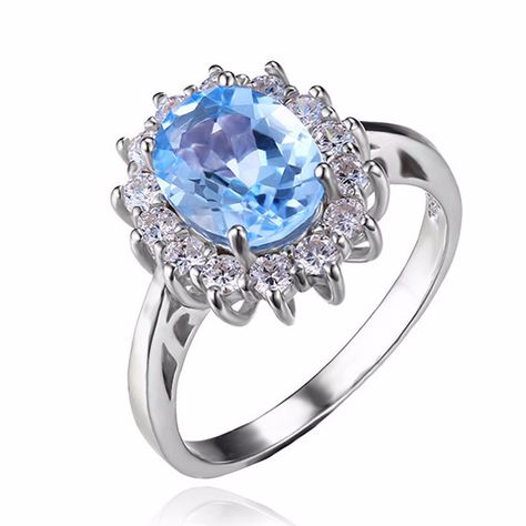 French Blue Halo 2.5CT Genuine Topaz IOBI Precious Gems Ring Putri Diana, Kate Und William, Pandora Armband, Womens Rings Fashion, Sterling Silver Engagement Rings, William Kate, Princesa Diana, Silver Engagement Rings, Halo Engagement Rings