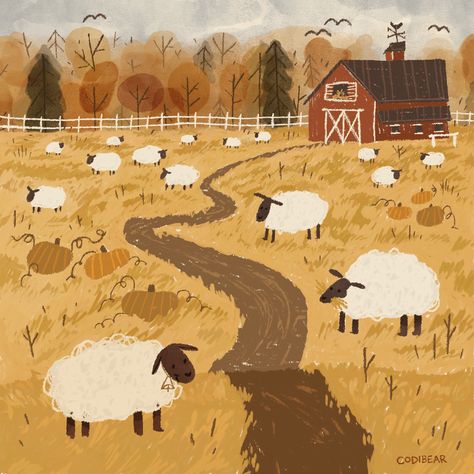 Autumnal Sheep Farm on Behance by Codi Bear. Fall Farm Painting, Simple Landscape Illustration, Country Scenes Farms Landscapes, Sheep Illustration Design, Illustration Countryside, Scenic Illustration, Farm Animal Illustration, Farm Poster, Farm Watercolor