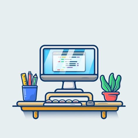 Workspace with plant and stationary Prem... | Premium Vector #Freepik #vector #computer-desk #desktop-computer #keyboard #computer-keyboard Computer Pics, Icon Illustrations, Quotes Icons, School Computers, School Frame, Desktop Design, Oil Art, Isometric Design, Vector Icons Illustration