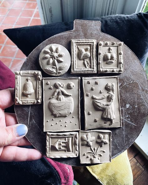 Pottery ceramic clay tiles with a vintage folk feel by Forgotten Fern Folk Art Tiles, Folk Art Pottery, Pottery Tiles Ideas, Air Dry Clay Tiles, Relief Tiles Ceramics, Clay Tiles Designs, Air Drying Clay Ideas, Clay Relief Tiles, Ceramic Relief Tiles