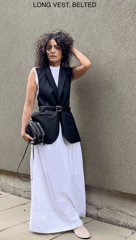 Sleeveless Long Vest Outfits, Belted Vest Outfit, Sleeveless Outfits For Women, Skirt With Vest Outfits, Shirt Vest Outfits For Women, Vest Over Dress Outfit, Vest With Dress Outfit, Neelam Ahooja Style, Sleeveless Vest Outfits For Women