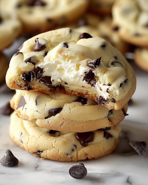 Chocolate Chip Cheesecake Cookies Choc Chip Cheesecake Cookies, Cookies N Cream Dessert Recipes, Cookie Recipes Cheesecake, Chocolate Chip Stuffed Cookies, Gluten Free Cheesecake Cookies, Stuff Cookies Recipes, Unique Chocolate Chip Cookies, Cheesecake Chocolate Chip Cookies, Chocolate Chip Cookie Desserts