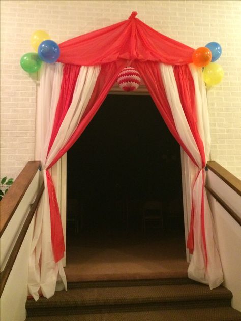 Tent Entrance we made for our circus themed preschool graduation! Decoration Ideas For School, Circus Classroom, Classroom Halloween, Creepy Carnival, Circus Carnival Party, Carnival Decorations, Circus Theme Party, School Carnival, Carnival Themed Party