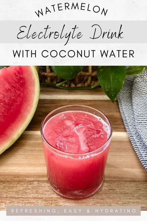 Hydrate your body with this watermelon electrolyte drink, made with blended watermelon, coconut water, and a dash of Himalayan rock salt. It is refreshing and the perfect homemade sports drink to quench your thirst with the essential electrolytes required for optimal hydration. Watermelon And Coconut Water, Homemade Electrolyte Drink Coconut Water, Diy Electrolyte Drink Coconut Water, Preworkout Drink Homemade, Coconut Water Electrolyte Drink Recipe, Watermelon Coconut Water, Watermelon Electrolyte Drink, Hydration Water Recipe, Diy Electrolyte Drink Recipes