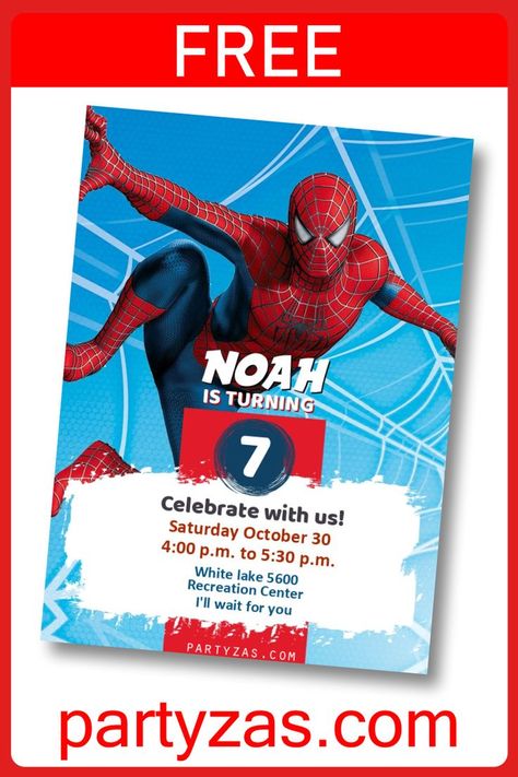 Spiderman Birthday Party Invitations, Superhero Birthday Party Invitations, Birthday Party Invitations Diy, Spiderman Birthday Invitations, 4de Verjaardag, Spider Man Birthday, Spiderman Invitation, Birthday Party Invitations Free, Superhero Birthday Invitations