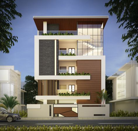 Exterior Visualization on Behance 3 Storey House Design, Narrow House Designs, Home Designs Exterior, Ultra Modern Homes, Small House Elevation, Facade Architecture Design, Small House Elevation Design, Modern Exterior House Designs, Duplex House Design