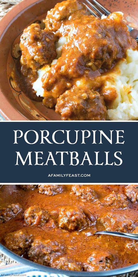 Porcupine Meatballs combine ground beef and rice into tender meatballs simmered in tomato sauce and served over mashed potatoes. Meatballs And Rice Recipe, Meatballs And Potatoes, Porcupine Meatballs Recipe, Spicy Meatball, Hamburger Meals, Porcupine Meatballs, Easy Meatball, Ground Beef And Rice, Tender Meatballs