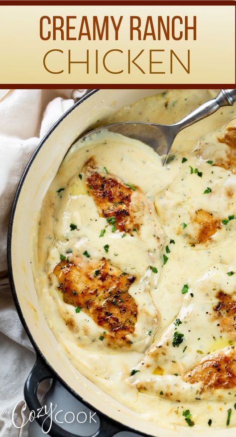 Ranch chicken in a skillet with a white ranch sauce on top of seared chicken Creamy Ranch Sauce, Creamy Ranch Chicken Recipe, Creamy Ranch Chicken, Ranch Seasoning Recipes, Baked Ranch Chicken, Ranch Sauce, Creamy Chicken Recipes, Delicious Family Dinners, Ranch Chicken Recipes