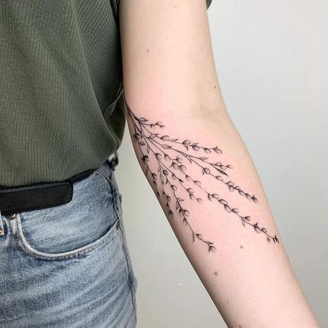 Willow Flower Tattoo, Willow Tree Leaves Tattoo, Willow Tattoo Ideas, Pussywillow Tattoos, Willow Tree Branch Tattoo, Willow Branch Tattoo, Fireweed Tattoo, Weeping Willow Tattoo, Willow Tattoo