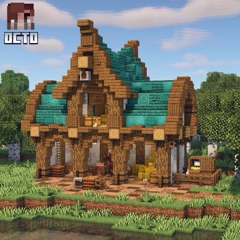 Minecraft Goat House, Medieval Minecraft Stable, Minecraft Medieval Horse Stable, Cute Minecraft Mine Entrance, Minecraft Oxidised Copper Builds, Starter Homes Minecraft, Minecraft Small Stable, Minecraft Houses Copper, Dragon Stables Minecraft