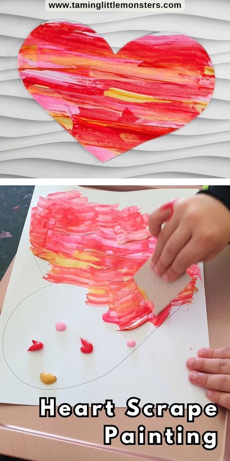 Easy Valentine's Heart Scrape Painting Craft for preschoolers and kindergarteners. A fun arts and crafts activity for kids to try this Valentine's day. #valentine #artsandcrafts #preschool #kindergarten Pre K Heart Crafts, Valentines Day Process Art For Preschool, Winter Painting Activities For Kids, Valentine's Painting For Kids, Sentimental Crafts For Kids, Easy Preschool Painting Crafts, Kids Valentines Decor, Valentine Art For Kids Elementary, Preschool Book Crafts Art Projects