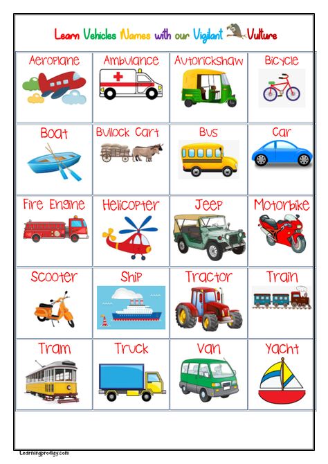 Vehicles Chart Can we all imagine a word without vehicles. More than comfort now having a vehicle has become a necessity. Vehicle is something with engine, motor and tire, which is used for moving people and goods from one place to another.  Generally,  the term vehicle is used for land transport alone, but we include everything which is used for transportation as vehicles. . . . Explore learningprodiygy.com for more charts Transportation Vehicles Preschool, Transportation Chart Preschool, Land Vehicles Preschool, Means Of Transport Chart, Land Transportation Activities, Land Transportation Preschool Activities, Vehicles Preschool Activities, Transport For Kids, Pictures For Nursery