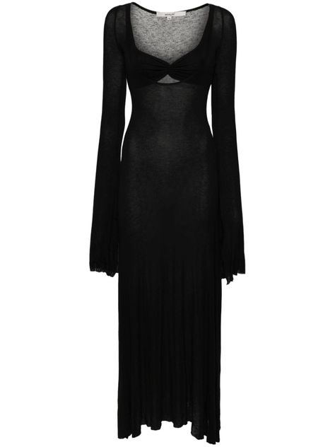 black stretch-jersey detachable bralette detailing plunging V-neck long sleeves flared split cuffs fitted waistline slight flare raw-cut hem floor-length unlined Black Goth Dress, Long Sleeve Black Maxi Dress, Long Cocktail Dress, Guest Attire, Goth Dress, Maxi Dress Black, Dreamy Dress, Grunge Style, Long Sleeve Maxi