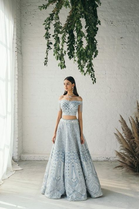 Powder Blue Lehengas That'll Make You Hit The SAVE Button Light Blue Indian Dress, Light Blue Lengha, Modern Lehenga Designs Style, Pastel Blue Lehenga, Blue Lengha, Studio Iris, Simple Anarkali, Beautiful Lehenga, Indian Wedding Lehenga