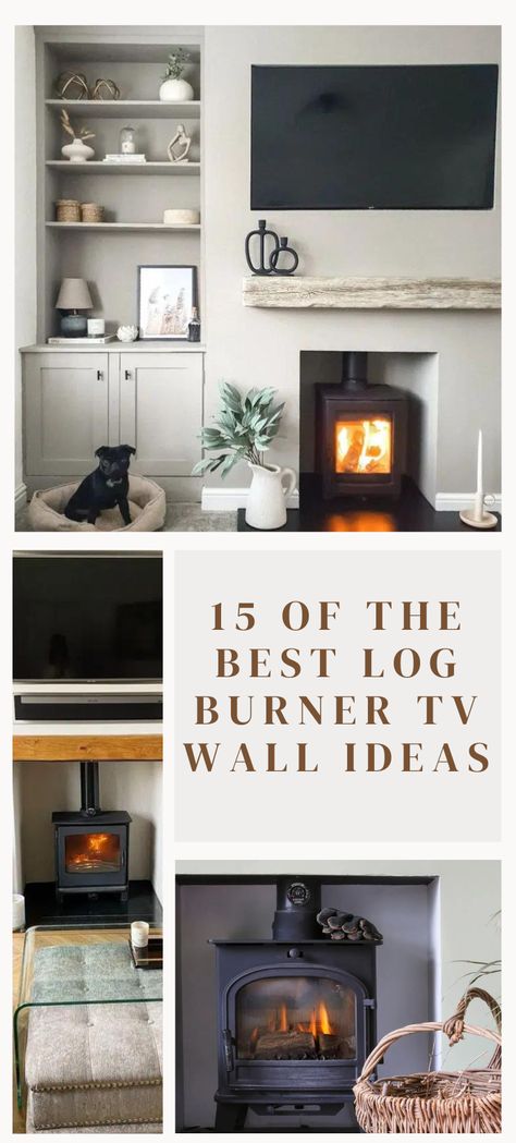 Planning the perfect log burner TV wall for your living room? This living room trend is one of the hottest ways to bring a cosy, and warming ambience to a living room that doesn’t discriminate on having a TV on show! I always say that a TV should never go above a fireplace unless it absolutely has to, OR if you use a smart TV which looks like artwork when not in use, then it’s okay. Continue>> Living Room Fireplace Flat Wall, Log Burner Under Tv, Wood Burning Fireplace And Tv Wall Ideas, Log Burner In Media Wall, Inset Tv Wall Ideas, Wood Burning Fireplace With Tv Above, Fake Fireplace With Tv Above, Fake Fireplace Ideas With Tv, Tv Above Log Burner Living Rooms