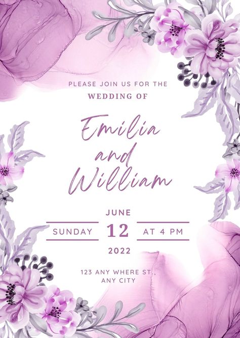 Wedding Invitation Purple Flower Watercolor - Templates by Canva Purple Flower Watercolor, Watercolor Templates, Wedding Invitation Purple, Boho Watercolor, Engagement Card, Purple Wedding Invitations, Printable Invitation Templates, Marketing Business Card, Engagement Ceremony