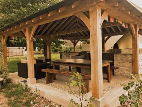 An extra large gazebo filled with fairylights & the odd monkey hanging around the chunky oak posts. Large Gazebo Ideas, Oak Gazebo Ideas, Large Gazebo Ideas Backyard, Kitchen Gazebo, Lake Gazebo, Garden Pagoda Ideas, Large Pavilion, Oak Gazebo, Privacy Garden