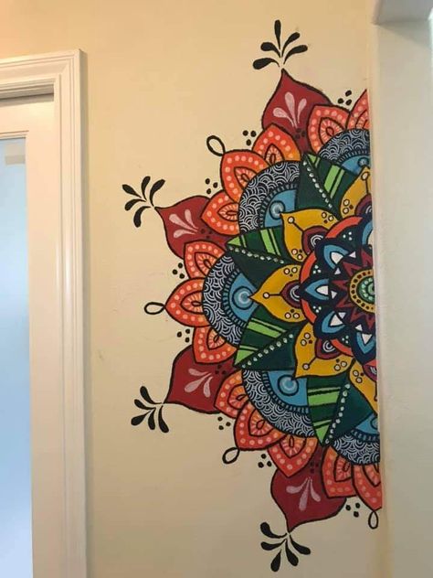 Wall Paint Designs Mandala, Colourful Mandala Art On Wall, Mandala Wall Painting Ideas, Wall Painting Mandala Art, Mandir Painting Ideas, Mandir Wall Painting, Mandala Drawing Wall, Tv Wall Painting Design, Room Door Painting Ideas Creative