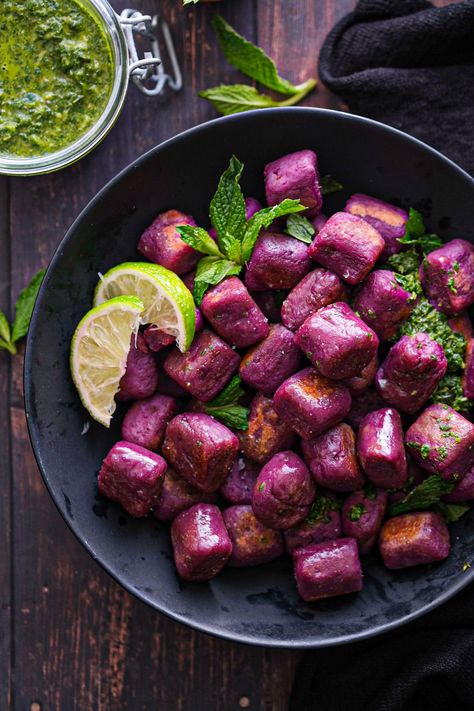 Purple Potato Recipes, Ube Recipes, Mint Chutney, Purple Sweet Potato, Sweet Potato Gnocchi, Party Hosting, Purple Potatoes, Potato Gnocchi, Purple Food