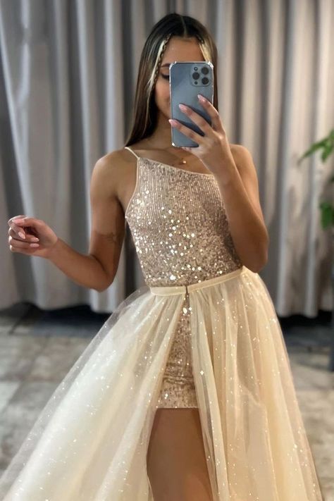 All That Glitters: Secrets to Standing Out in a Shimmery Dres Prom Dress With Detachable Skirt, Dress With Detachable Skirt, Split Prom Dresses, Detachable Skirt, Shimmery Dress, Gorgeous Prom Dresses, Prom Dresses Sleeveless, Pretty Prom Dresses, Tulle Prom Dress