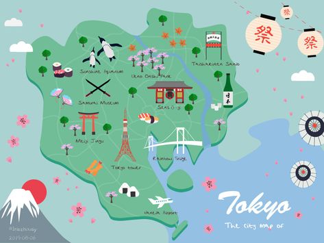 Tokyo map illustration by Iris zhou Japan Map Illustration, Maps Illustration Design, City Maps Illustration, Map Of Japan, Tokyo Map, Tokyo Guide, Cartoon Map, Japan Tourism, Japan Graphic Design