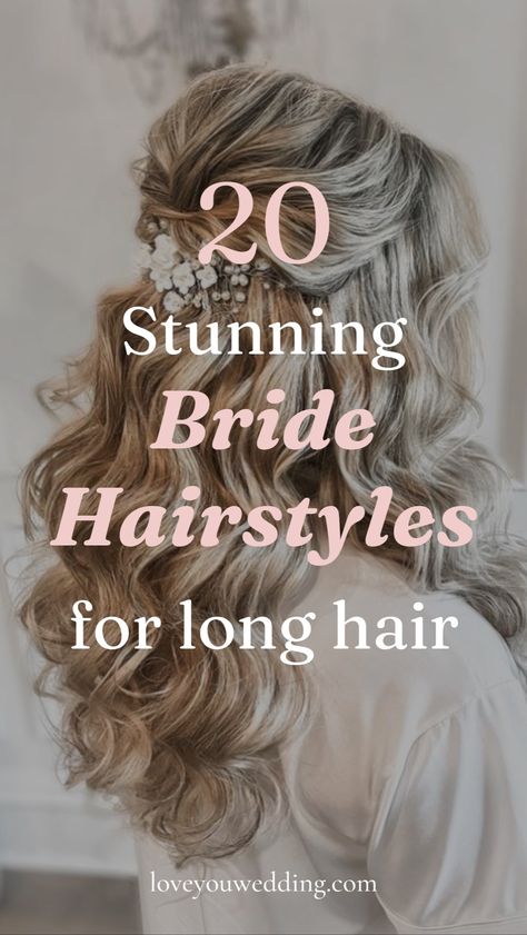 Find the perfect wedding hairstyles for long hair with our collection of 20 stunning long wedding hair ideas for wedding updos, half up half down, long wedding hair, and more. These long wedding hairstyles are the perfect bride hairstyle inspiration for your wedding day beauty. Long Hair Vine Hairstyles, Wedding Styles Half Up Half Down, Bride Hairstyle Long Hair Elegant, Wedding Hair With Lace Dress, Half Up Bridal Hair With Veil Long Curls, Wedding Hair No Extensions, Bridal Styles For Long Hair, Wedding Hair Windy Day, Wedding Updos Long Hair