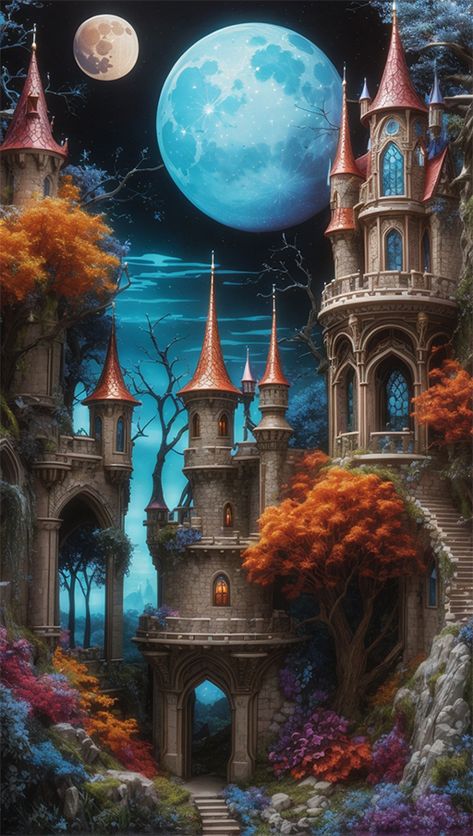 A painting of a castle with trees and a moon Magical House, Tree Of Life Art, Fantasy Homes, A Castle, Dream Home Design, Tree Of Life, Beautiful Images, Surrealism, Cute Drawings