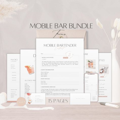 Hey you  Are your ready to take your business to the next level right now?  Elevate your professional image and streamline your operations with my exclusive bundle of professionally designed forms for your mobile bar business. From comprehensive contract, effortless record-keeping to streamlined payments, each element is crafted to save you valuable time and enhance your client interactions. My templates are not just documents; they are tools designed to empower professional bartenders like you, Mobile Bar Essentials, Mobile Bar Contract, Mobile Bar Packages, Mobile Bartending Business Plan, Small Bar Ideas Business, Mobile Bar Ideas Business, Mobile Bar Names, Mobile Bar Set Up, Mobile Bar Business Plan