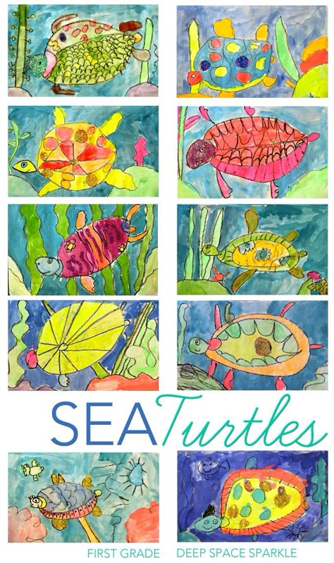 How to draw and paint a sea turtle using simple art supplies.First grade gallery Sea Turtles Drawing, Paint A Sea Turtle, Sea Turtles Art, Turtles Drawing, Sea Turtle Drawing, First Grade Art, Deep Space Sparkle, Painting Lesson, Animal Art Projects