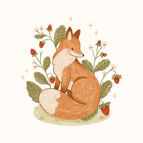 Cottage Core Art, 동화 삽화, Spring Illustration, Fox Drawing, Fox Illustration, Fruit Plants, Fox Art, Shop Owner, Dreamy Art