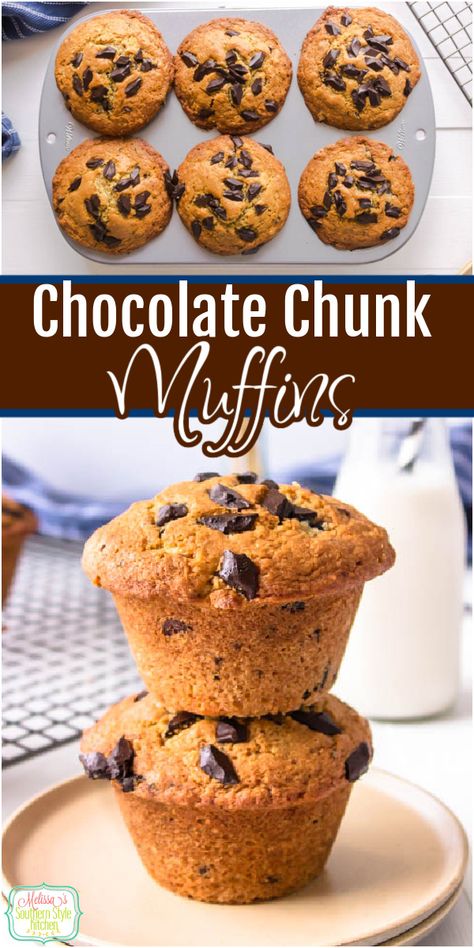 These bakery-style Chocolate Chunk Muffins can be enjoyed for breakfast, as a snack, or a handheld dessert. #muffins #chocolatechunkmuffins #muffinrecipes #easymuffins #breakfastrecipes #holidaybrunchrecipes #chocolate via @melissasssk Pecan Pie Mini Muffins, Southern Breakfast Recipes, Chocolate Chunk Muffins, Dessert Muffins, Brunch Muffins, Muffins Cinnamon, Southern Style Kitchen, Southern Cookbook, Southern Breakfast