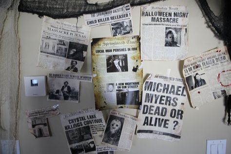 Slasher Themed party - Newspaper clippings from Nightmare on Elm Street, Halloween & Texas Chainsaw Massacre Diy Halloween Office Decorations, Horror Themed Party, Film Party, Office Halloween Decorations, Lake Party, Creepy Carnival, Halloween Office, 20th Birthday Party, Halloween Movie Night