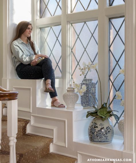 Creating a Legacy | At Home in Arkansas Stairs Window Design, Stair Window Ideas, Staircase Window Design, Statement Windows, Window Stairs, Seats Design, Sleek Armchair, Staircase Window, Door Ways