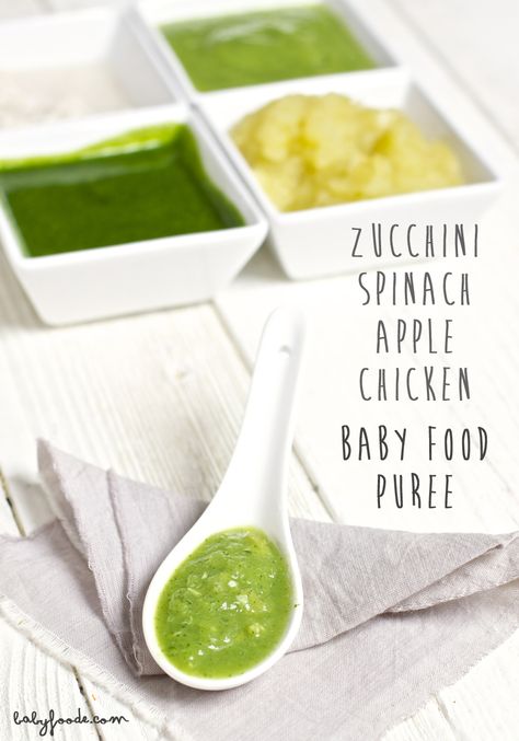 Healthy, Easy and Delicious - a great summertime baby puree. Zucchini + Spinach + Apple + Chicken puree. #organicbabyfoodrecipes #babyfoodrecipes babyfoode.com Chicken Puree, Chicken Baby Food, Spinach Chicken, Diy Baby Food, Apple Chicken, Baby Puree Recipes, Baby Puree, Organic Baby Food, Homemade Baby Foods